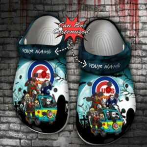 Personalized Chicago Cubs Horror Friends Van With Clown Retro Scary Movie Villains Halloween Crocs Clogs Crocband Shoes